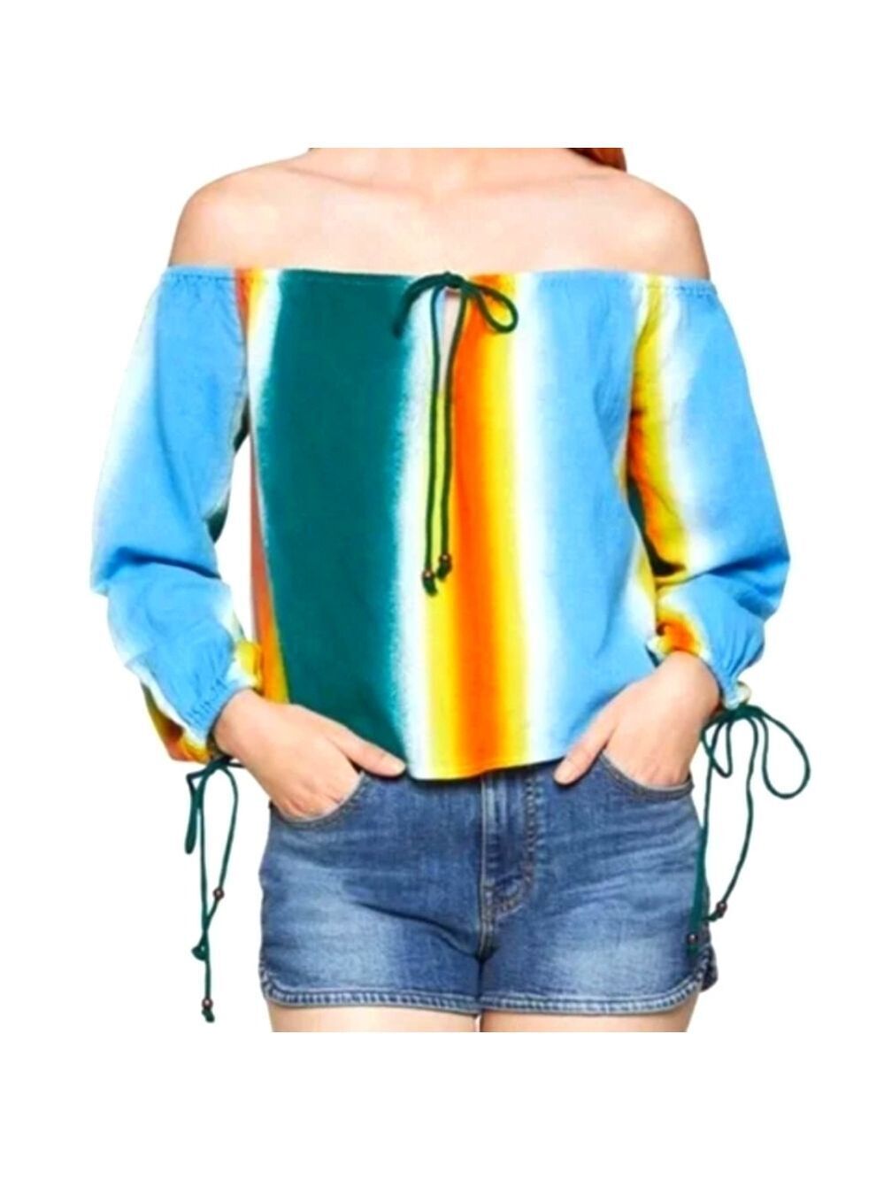 BCBGeneration Off The Shoulder Y2K Multi Color Cotton Cropped Blouse Size Large